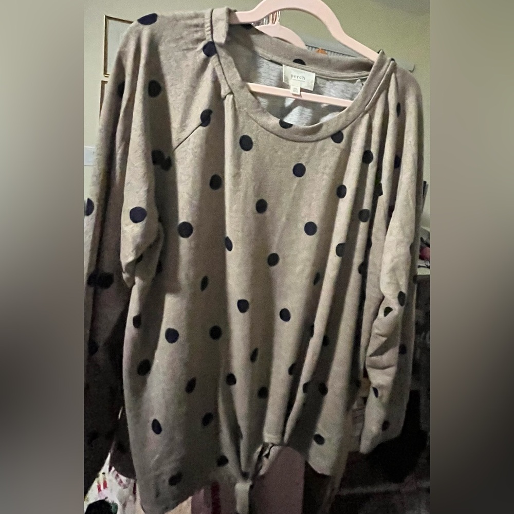 PERCH Long Sleeve Taupe and Navy Polka Dot Top With Tie in Front, New w/o Tag